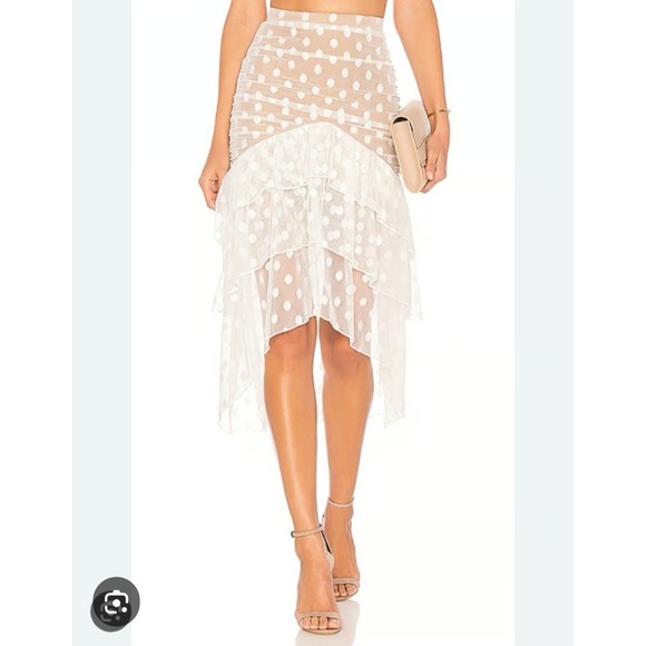 Majorelle Heidi Sheer Mesh Chiffon Polka Dot Print Ruffle Midi Skirt White M - Picture 1 of 15
